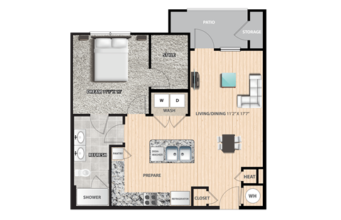 Floor plan for 1 bed, 1 bath, 787 sqft